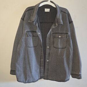 Miss Posh Oversized Denim Shacket Women's Size Medium Grey Button Front Chest